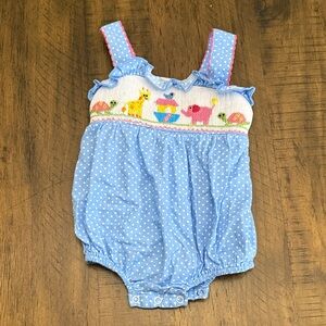 Boutique Babeeni Blue Polka Dot Baby Zoo Animal Bubble Romper